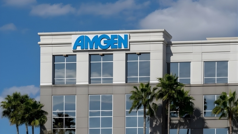 Amgen logo displayed on modern office building exterior